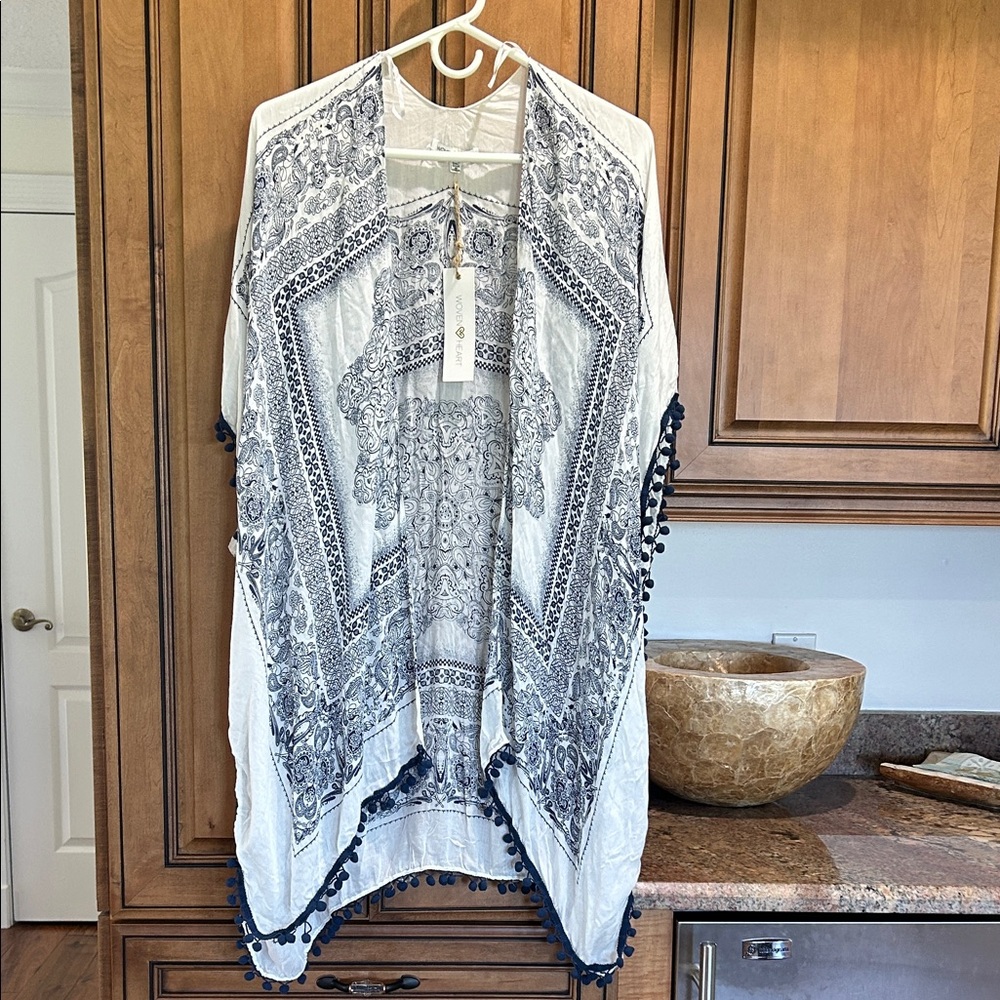 Woven Heart White and Navy Printed Pom Trim Swim Coverup